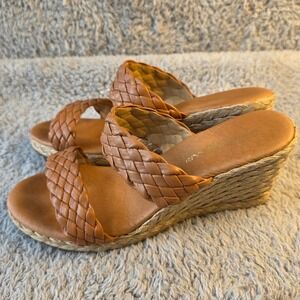 Andre Assous Aria‎ Open Toe Leather Espadrille Wedge Sandals Braided Tan EU 38